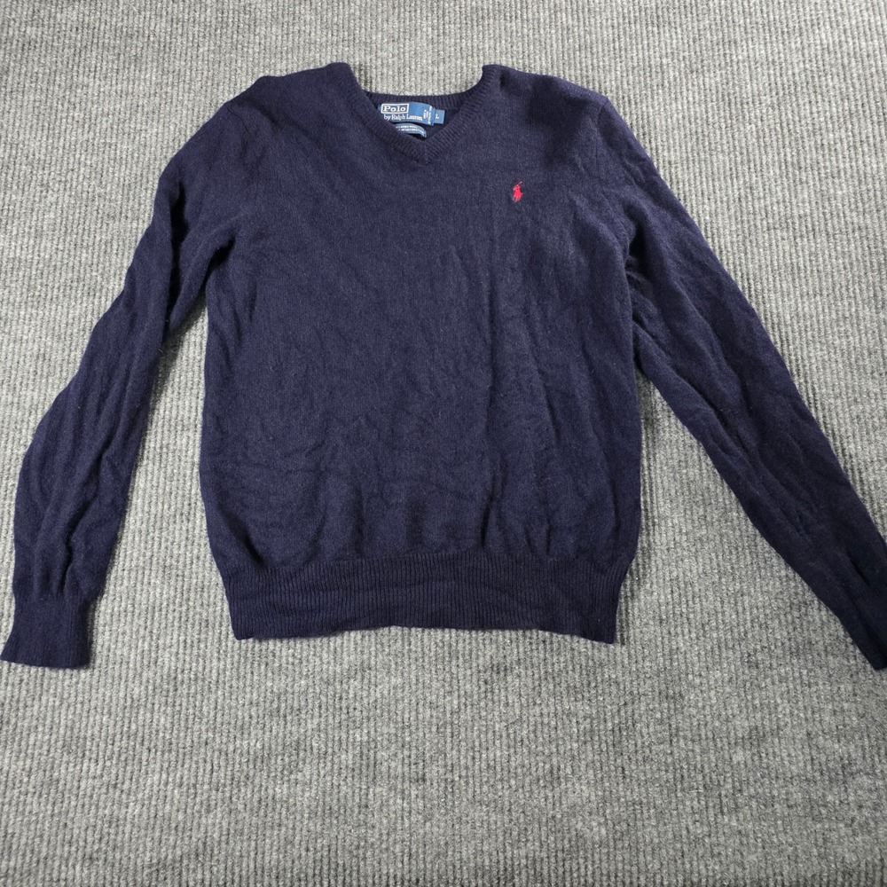 Polo Ralph Lauren Mens‎ Navy Blue 100% Lambswool V-Neck Sweater Red Pony Logo L